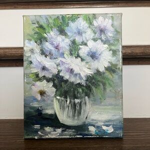 Floral Oil on Canvas Art with White, Blue, Purple and Green Hues. Signed.